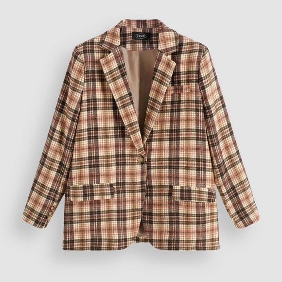 Cider Jackets & Blazers - Cider Retro Plaid Pattern Blazer Womens Size Small Camel Brown Pink Oversized